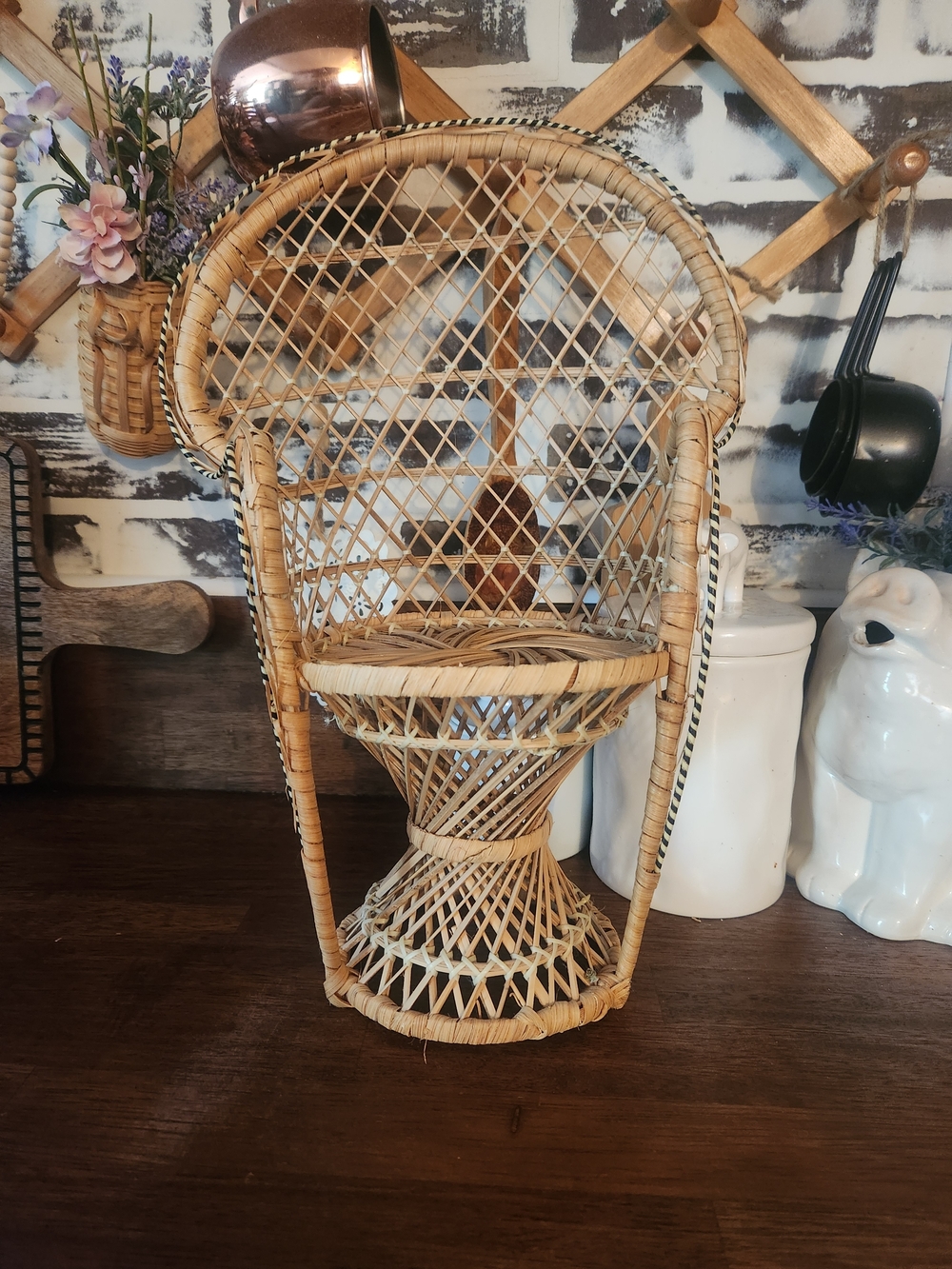 Vintage Wicker Peacock Doll Chair in Natural Rattan